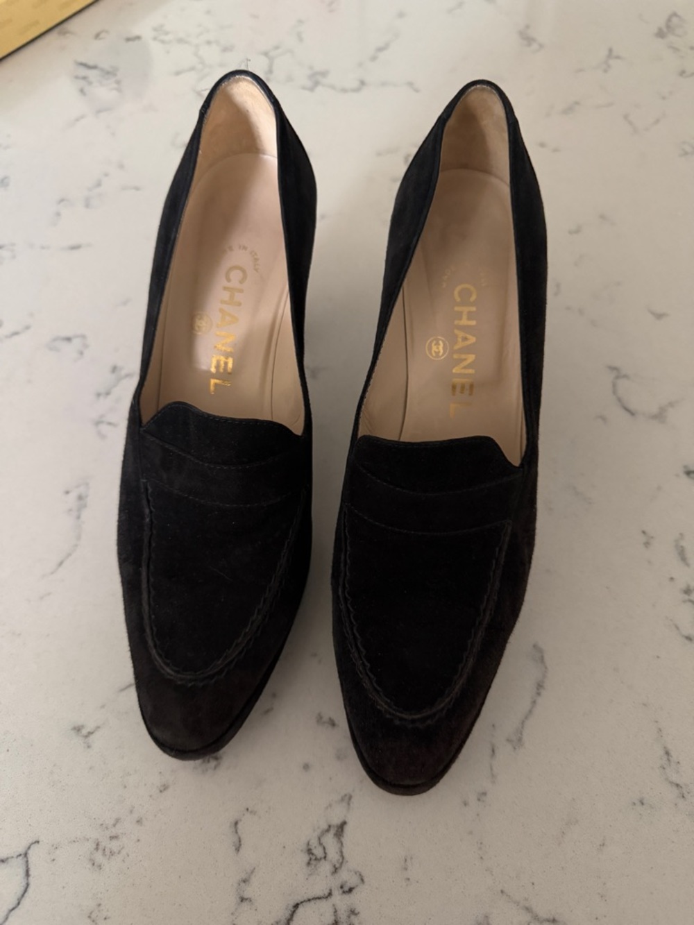 Vintage Chanel Heeled Loafers 37 1/2 Suede Black Logo Heels 37.5 1997 90s y2k